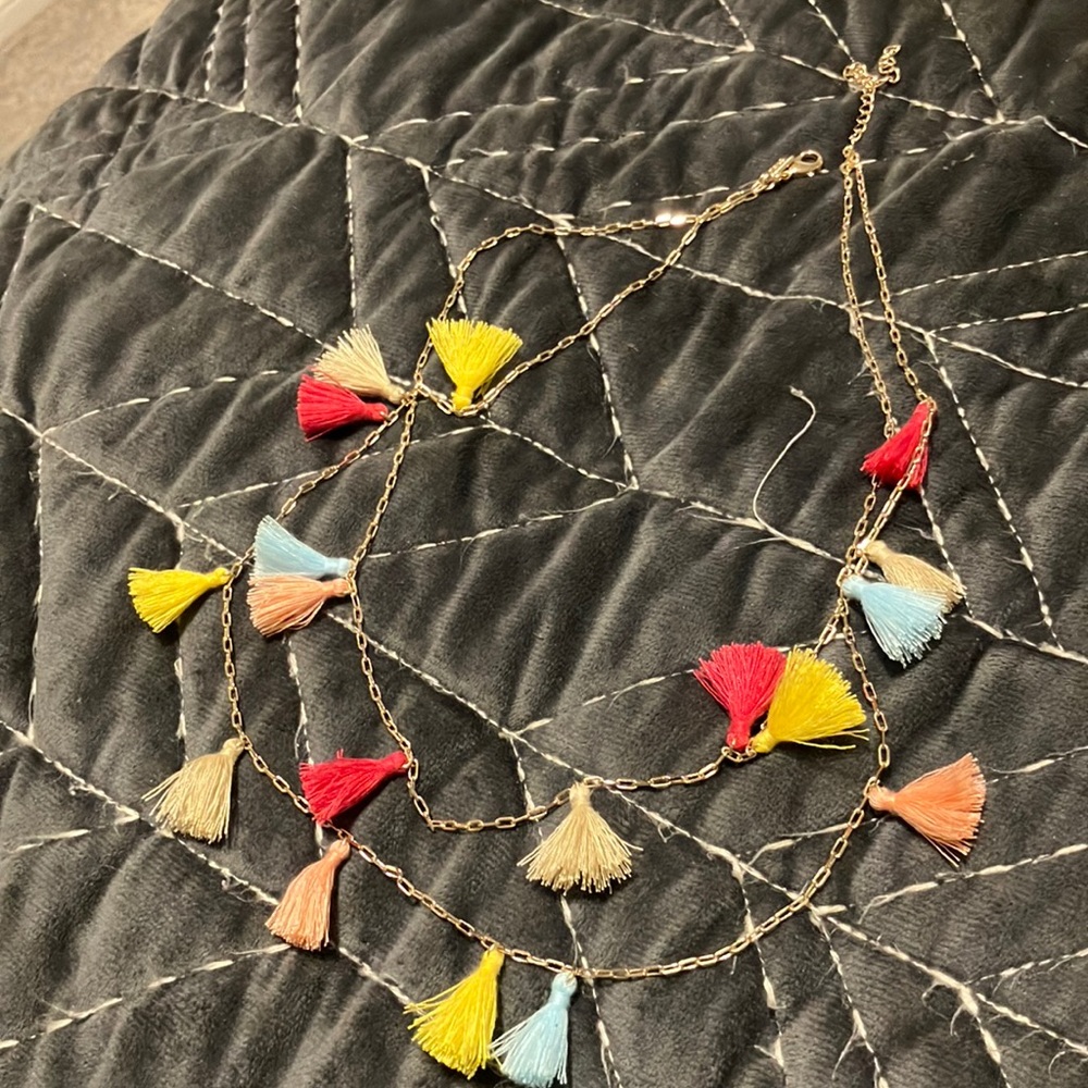 Pom Pom thread double gold chain necklace